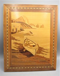 Marquetry Italy Coast Boat Inlaid Wood Plaque - Made In Italy