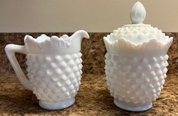 Fenton Hobnail Milk Glass Sugar Bowl & Creamer