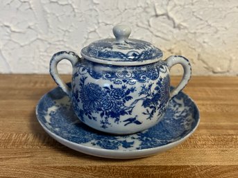 Blue & White Chrysanthemum Sugar Bowl With Lid & Dish - 3 Pieces