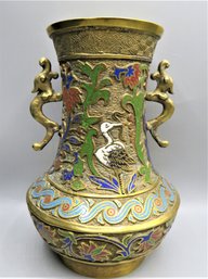 Antique Bronze Cloisonn  Japanese Enamel Champleve Vase/urn With Dragon Handles
