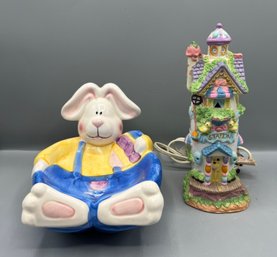 Easter Bunny Dish & Porcelain Easter Collection House Station - 2 Pieces