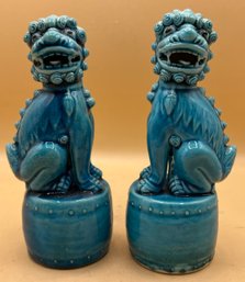 Petite Pair Of Turquoise Blue Ceramic Foo Dog Sculptures