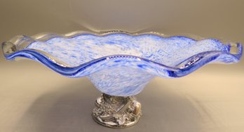 Hand Blown Cobalt Blue & White Bowl With Silver Tone Base