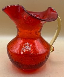 Crackle Glass Pinched Tangerine Pitcher