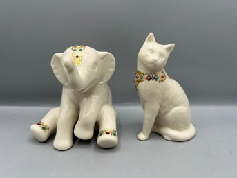 Lenox Bone China Elephant & Cat Figurine - 2 Pieces