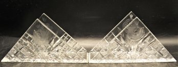 Triangle Cut Glass, Etched Rose Napkin Holders - Set Of 2/vintage