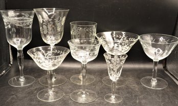 Etched Stemmed Glassware - Lot Of Various Sizes & Designs/69 Pieces