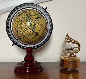 Old World Desk Globe & Gramophone Music Box - 2 Piece Lot