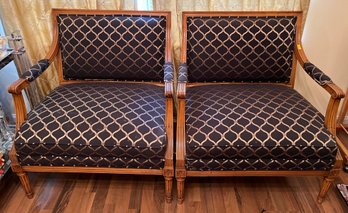 Pair Of Custom Upholstered Wooden Arm Chair - 2 Piece Lot