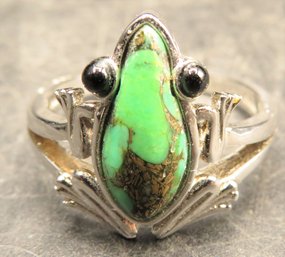 Sterling Silver Frog/green Stone/black Stone Eyes Ring - Size 11.5