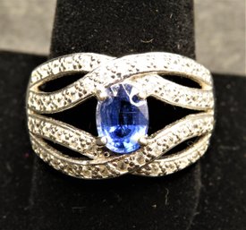 Sterling Silver Ring With Oval Blue & Clear Stones Size 11.5