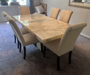 Marble Top Pedestal Table With 6 Hobnail Upholstered Chairs