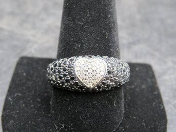 Sterling Silver Ring, Heart-shaped Black & Clear Stones - Size 11.75