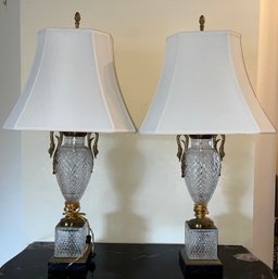 Pair Of Cut Glass Table Lamps With Brass Adornments And Marble Base - 2 Piece Lot
