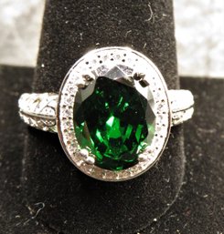 Sterling Silver Ring, Green & Clear Stones - Size 12