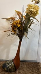 Wooden Fish Vase With Faux Floral Arrangement