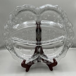 Cambridge Etched Glass  Rose Point 5 Part Divided Scalloped Dish