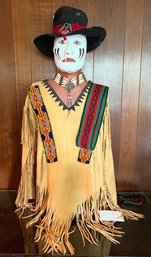 Native American Sioux Barbara Hill Elk Hide War Shirt, Halston Vintage Hat & Beaded Necklace