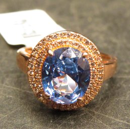 Sterling Silver 'eterno' Rose-tone Ring With Blue/white Diamond Simulants  - Size 11 - New