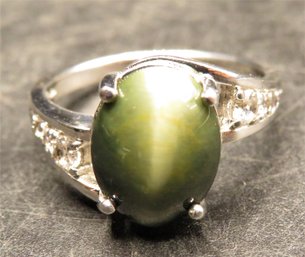 Sterling Silver Ring, Green Oval Stone With Clear Stones - Size 10.75