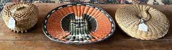 Penobscot Curly Woven Basket, Sweet Grass Basket By E. Parker Seneca,  & Hopi Wicker Woven Basket - 3 PCS