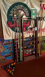 Wooden Pool Rack W Accessories - Billiard Cues, Chalk, Bottle With Dice