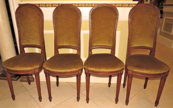 Italian Wood, Green Fabric Covered High-back Chairs With Hammered Accent - Antique - Set Of 4