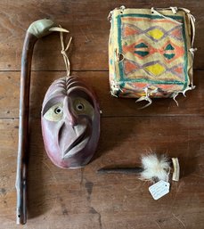 Native American Parfleche Box, Plains Elbow Pipe, Carved Duck Walking Stick And Carved Mask - 4 Pieces