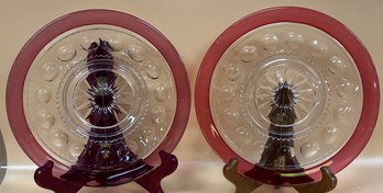 Tiffin Indiana Glass Kings Crown Starburst Thumbprint Ruby Red Desert Plates - 2 Pieces