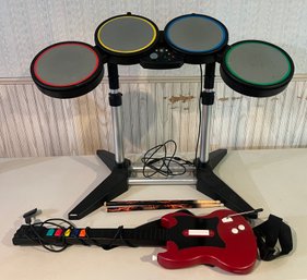 Rock Band Drum Set With Drum Sticks, Pedal  & Guitar Hero Guitar - 4 Pieces