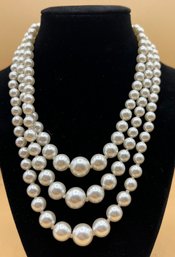 Faux Pearl Three Strand Necklace With Hook Clasp