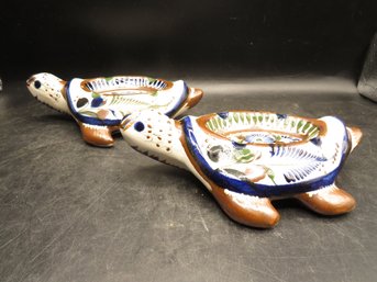 Signed Hand Painted Pottery Turtle Ash Trays/mexico - Set Of 2