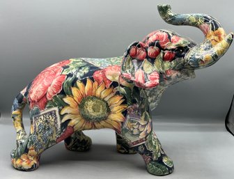 Paper Mache Over Ceramic Floral Elephant Figurine