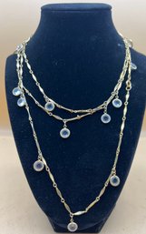 Gold Tone Wide Link And Blue Crystal Long Strand Necklace