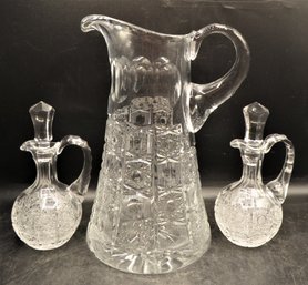 Cut Glass Pitcher, Oil & Vinegar Bottles With Stoppers - Lot  Of 3/vintage