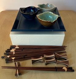Japanese Rice Bowls With Tray, Chopsticks W Rests - 22 Pieces