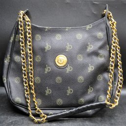 Rocco Barocco Black Leather Handbag With Gold-tone Chain Handles/made In Italy