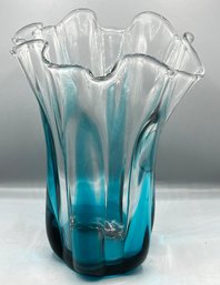 Blue Ombr Ruffled Top Glass Vase