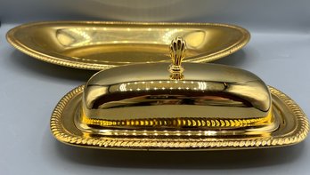 International Silver Company Gold Electroplated Giftware Tray & Butter Dish- 2 Pieces