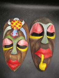 Carved Wood Hand Painted Masks - Set Of 2