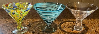 Multi-colored Confetti Martini Glass, Turquoise Swirl Glass Martini, Nachtmann Crystal Martini Glass - 3 Piece