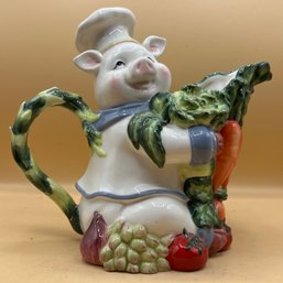 Corner Ruby Country Chef White Pig Holding Vegetables Figural Teapot