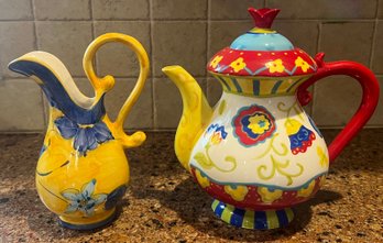 Joyce Shelton Tea Party Floral Teapot & Hand Painted Ceramic Pitcher - 2 Piece Lot