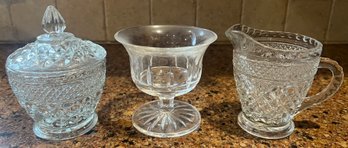 Cut Glass Lid Sugar Bowl, Waterford Glass Bowl, Pressed Glass Creamer - 3 Piece Lot