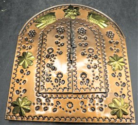 Mexican Handmade Hammered Tin, Brass/Copper Triple Mirror With Latched Doors
