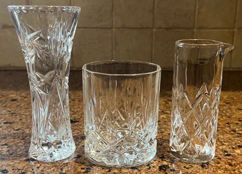 Lenox Crystal Starburst Cut Vase, Glass Whiskey Tumblr, Final Touch Crystal Cocktail Mixer - 3 Piece Lot