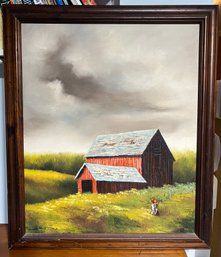 J. Ruxton Mid Century Red Barn Painting Framed