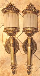 Vintage Brass & Frosted Glass Electric Wired Wall Sconces - Set Of 2