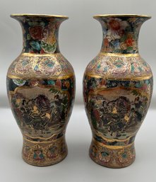Pair Hand Painted Oriental Porcelain Satsuma Vases