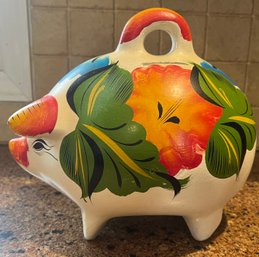 Mexican Folk Art Hand Painted Pottery Piggy Bank With Flowers And Handle